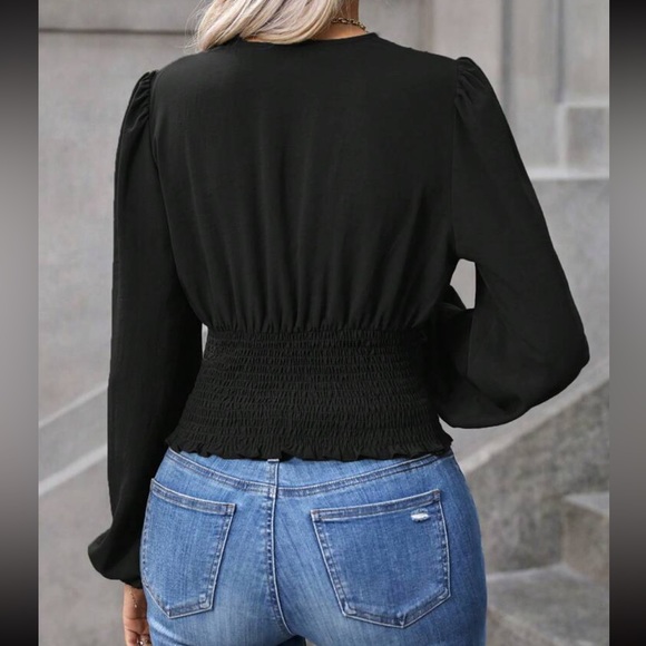 Plunge V-Neck Pleated Smocked Waist Button Lantern Sleeve Top Blouse Black - Picture 2 of 11